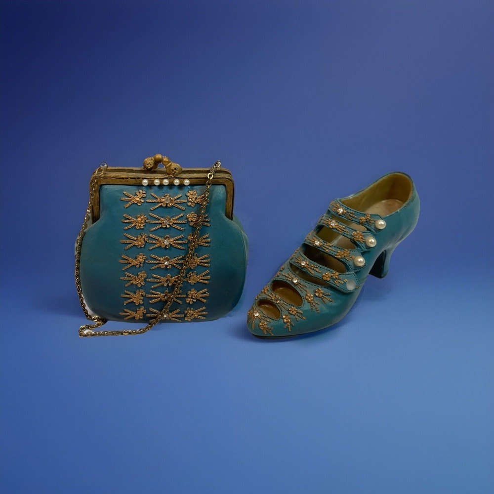 Vintage Popular Imports Inc 1999 Nostalgia Green Handbag Shoe Figurines Set Of 2
